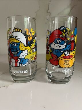 🔴 Vintage Peyo 1983 Smurfette & Papa Smurf Glasses 🔵